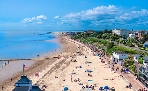 Aerial view of Clacton's sandy beach and seafront